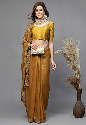 Embellished Neckline Art Silk Blouse in Mustard