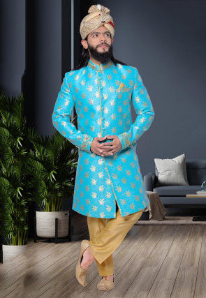 Embellished Neckline Art Silk Jacquard Sherwani in Blue