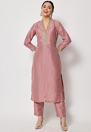 Embellished Neckline Art Silk Straight Kurta Set in Old Rose