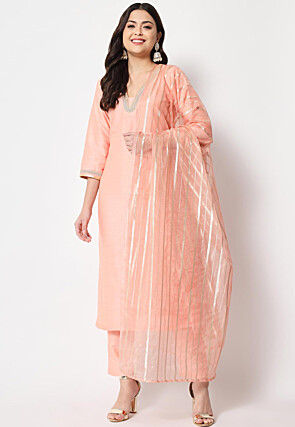 Embellished Neckline Cotton Silk Pakistani Suit in Peach
