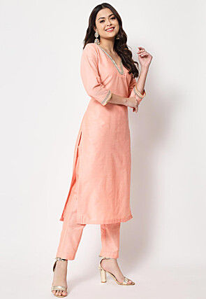 Embellished Neckline Cotton Silk Pakistani Suit in Peach