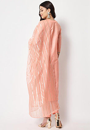 Embellished Neckline Cotton Silk Pakistani Suit in Peach