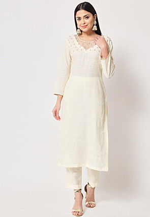 Embellished Neckline Cotton Silk Straight Kurta Set in Cream