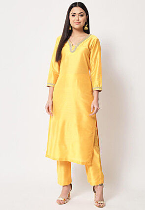 Embellished Neckline Cotton Silk Straight Kurta Set in Yellow