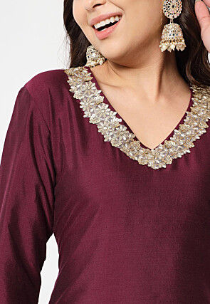 Embellished Neckline Dupion Silk Straight Kurta Set in Wine