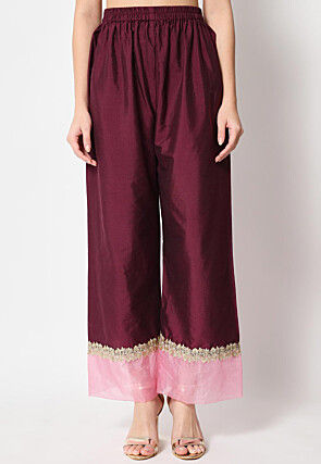Embellished Neckline Dupion Silk Straight Kurta Set in Wine