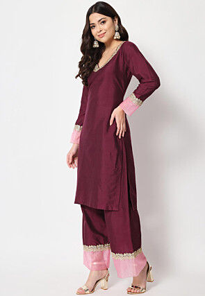Embellished Neckline Dupion Silk Straight Kurta Set in Wine