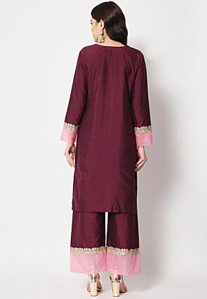 Embellished Neckline Dupion Silk Straight Kurta Set in Wine
