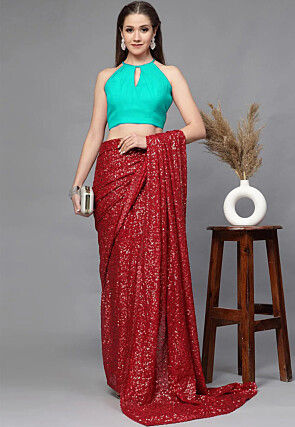 Embellished Neckline Georgette Blouse in Sea Green