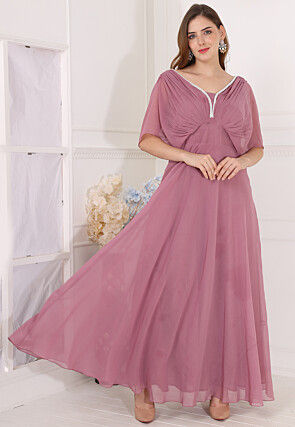 Embellished Neckline Georgette Flared Gown in Dusty Pink