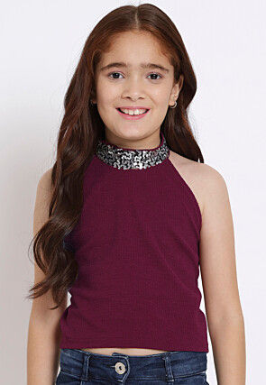 Embellished Neckline Georgette Lycra (Elastane) Crop Top in Wine