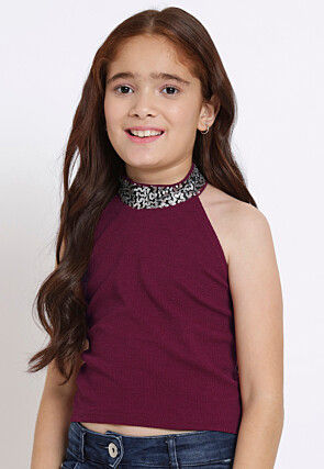 Embellished Neckline Georgette Lycra (Elastane) Crop Top in Wine