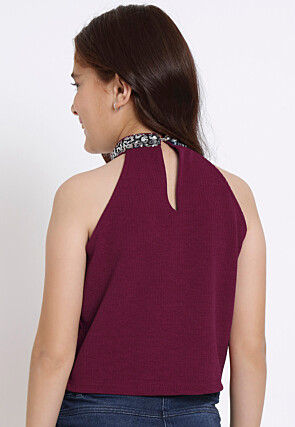Embellished Neckline Georgette Lycra (Elastane) Crop Top in Wine