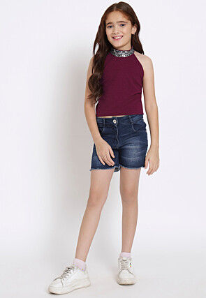 Embellished Neckline Georgette Lycra (Elastane) Crop Top in Wine