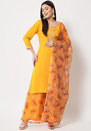 Embellished Neckline Rayon Pakistani Suit in Dark Yellow