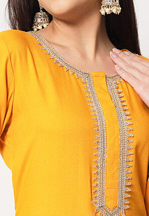 Embellished Neckline Rayon Pakistani Suit in Dark Yellow