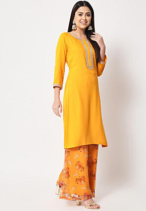 Embellished Neckline Rayon Pakistani Suit in Dark Yellow