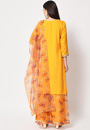 Embellished Neckline Rayon Pakistani Suit in Dark Yellow