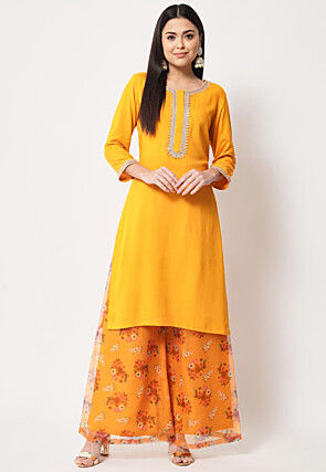 Embellished Neckline Rayon Straight Kurta Set in Dark Yellow