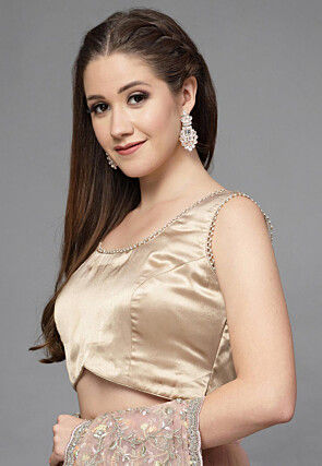 Embellished Neckline Satin Blouse in Beige