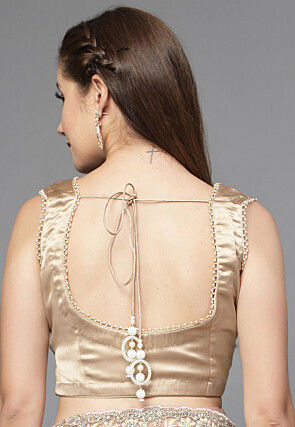 Embellished Neckline Satin Blouse in Beige