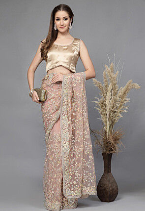 Embellished Neckline Satin Blouse in Beige