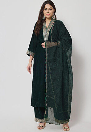 Embellished Neckline Velvet Pakistani Suit in Dark Green
