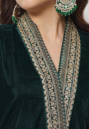 Embellished Neckline Velvet Pakistani Suit in Dark Green