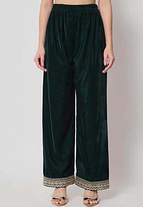 Embellished Neckline Velvet Pakistani Suit in Dark Green