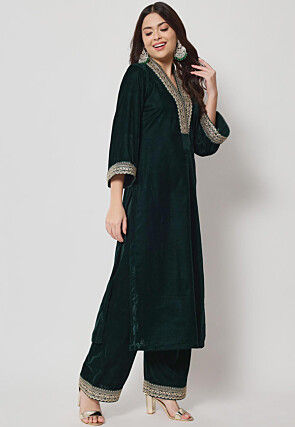 Embellished Neckline Velvet Pakistani Suit in Dark Green