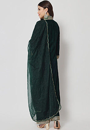Embellished Neckline Velvet Pakistani Suit in Dark Green