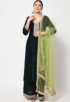 Embellished Neckline Velvet Pakistani Suit in Green