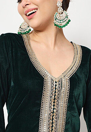 Embellished Neckline Velvet Pakistani Suit in Green