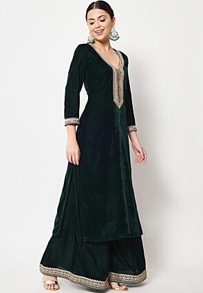 Embellished Neckline Velvet Pakistani Suit in Green
