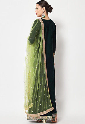 Embellished Neckline Velvet Pakistani Suit in Green