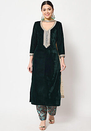 Embellished Neckline Velvet Punjabi Suit in Dark Green