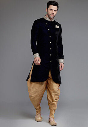 Embellished Neckline Velvet Sherwani in Navy Blue