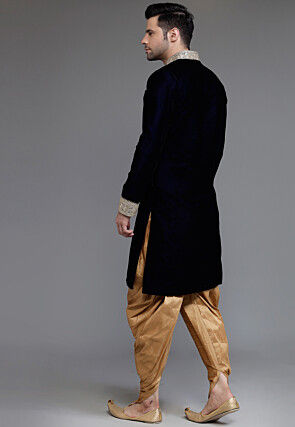 Embellished Neckline Velvet Sherwani in Navy Blue