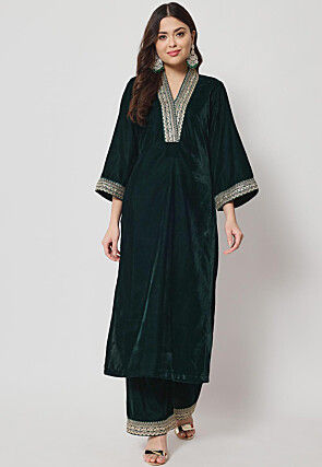Embellished Neckline Velvet Straight Kurta Set in Dark Green