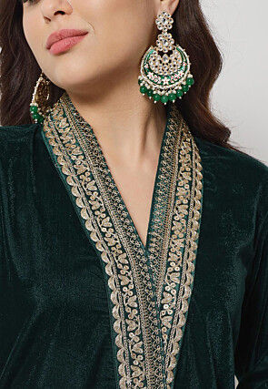 Embellished Neckline Velvet Straight Kurta Set in Dark Green
