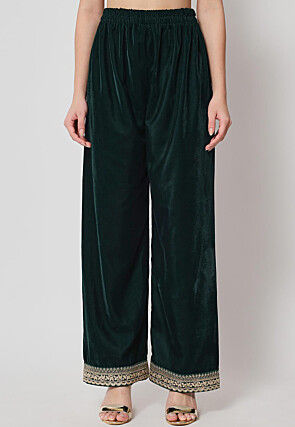 Embellished Neckline Velvet Straight Kurta Set in Dark Green