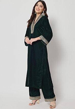 Embellished Neckline Velvet Straight Kurta Set in Dark Green