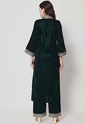 Embellished Neckline Velvet Straight Kurta Set in Dark Green