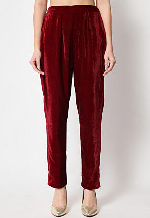 Embellished Neckline Velvet Straight Kurta Set in Maroon