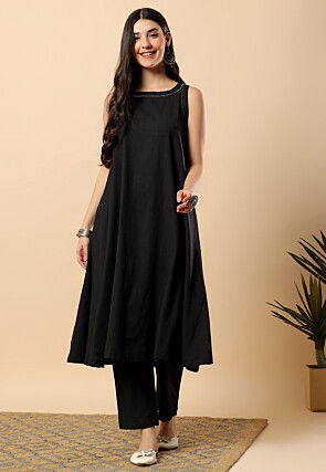 Embellished Neckline Viscose Cotton Co Ord Set in Black