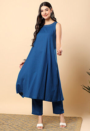 Embellished Neckline Viscose Cotton Co Ord Set in Blue
