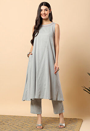 Embellished Neckline Viscose Cotton Co Ord Set in Grey