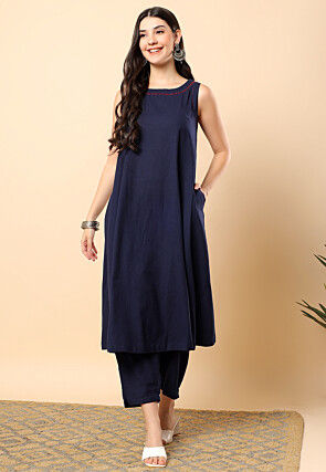 Embellished Neckline Viscose Cotton Co Ord Set in Navy Blue