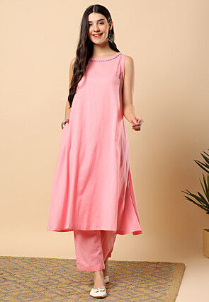 Embellished Neckline Viscose Cotton Co Ord Set in Pink
