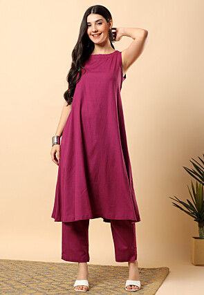 Embellished Neckline Viscose Cotton Co Ord Set in Purple